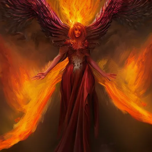 Image similar to detailed portrait of a fiery phoenix woman rising from fire spreading her wings with fiery marks all across her body, magically, magic, fire, realism, ruby, sunlit, dark fantasy, dramatic lighting, cgsociety, artstation