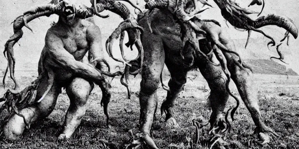 Prompt: historical photograph of a man turning into a grotesque monster with goathorns and roots growing from his face in a pasture in the alps