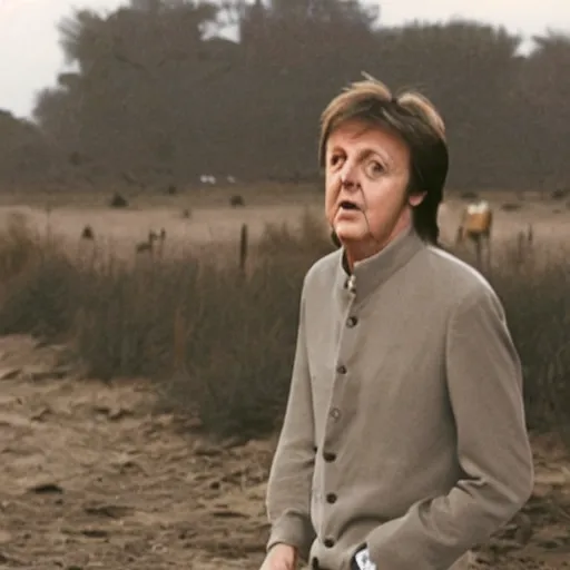 Image similar to paul mccartney walking around in a wasteland