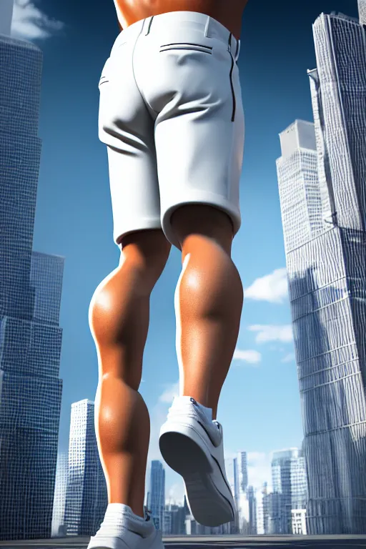 Prompt: man larger than skyscrapers wearing tight white shorts walks around the city, low angle shot, highly detailed, digital art, sharp focus, super realistic, ultrarealism, photorealism, trending on artstation, award winning, 4 k post - processing highly detailed