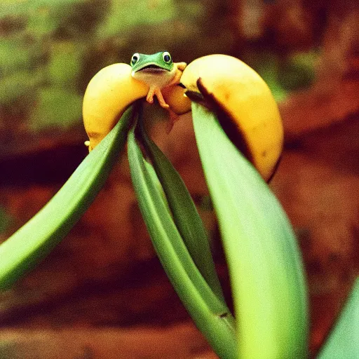 Prompt: A closeup film photography of a frog eating banana, photo by Louise Dahl-Wolfe, award winning, 4K