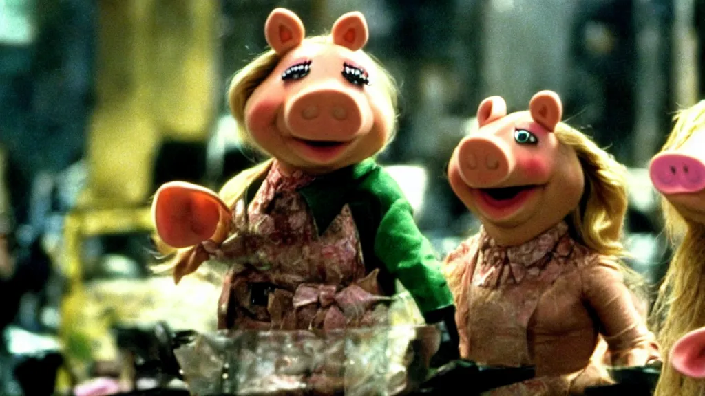 Prompt: movie still of miss piggy starring as trinity in the matrix 1 9 9 9 movie fighting agent smith