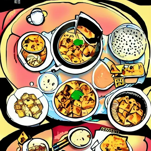 Prompt: mapo tofu cartoon, manga!! aesthetics!!