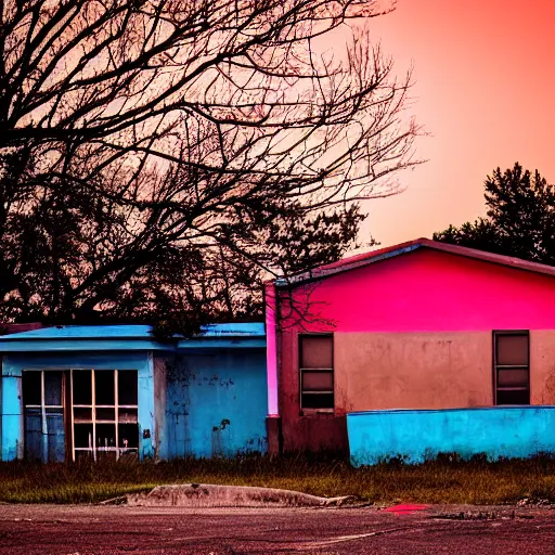 Image similar to an abandonned school at sunset, neon style