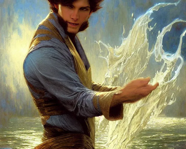 Image similar to attractive male wizard casting powerful tsunami wave water spell in a beautiful lake. highly detailed painting by gaston bussiere, craig mullins, j. c. leyendecker 8 k