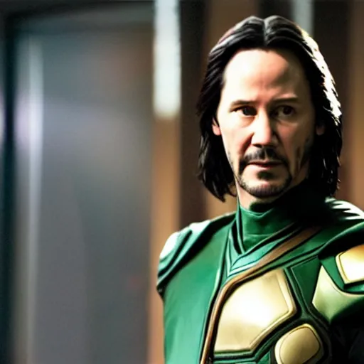 Prompt: film still of Keanu Reeves as Loki holding scepter in Loki tv show