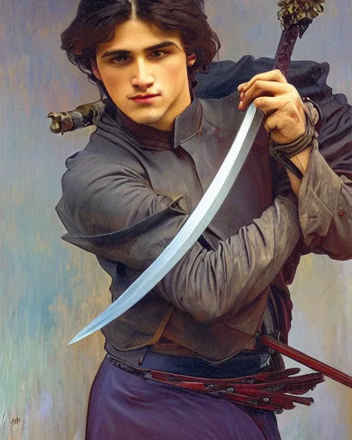 Image similar to Hyper realistic painting of a lean built young man in his twenties holding a rapier, sharp face, handsome, dark hair, fantasy art, by Alphonse Mucha, rich deep moody colors