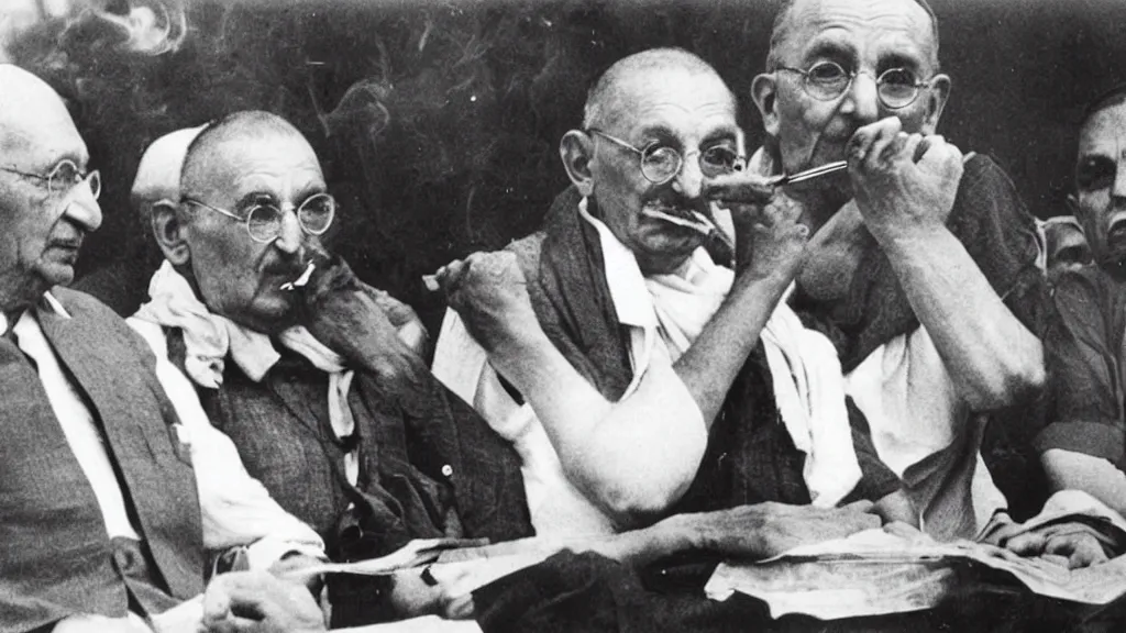 Image similar to gandhi smoking infront of press in a conference, historic old photograph