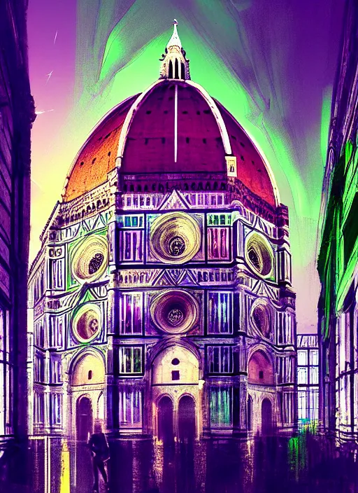 Image similar to cyberpunk duomo of florence, green and purple hour by ismail inceoglu