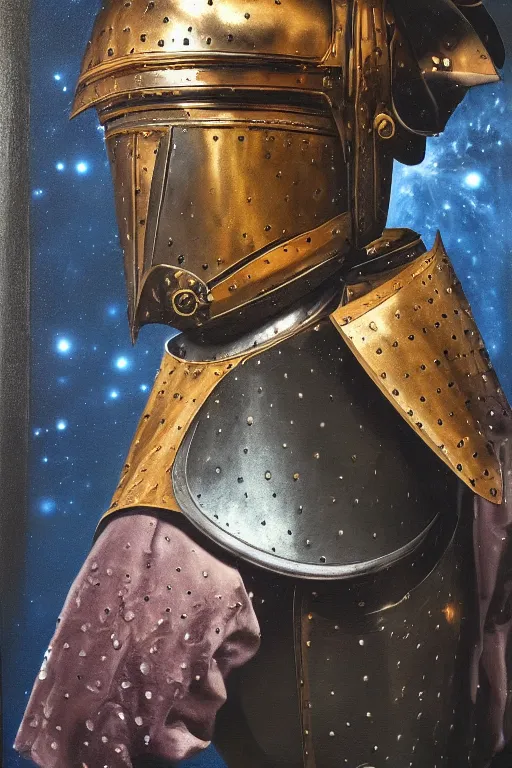 Image similar to hyperrealism oil painting, close-up portrait of medieval fashion model, knight, steel gradient mixed with nebula sky, in style of baroque mixed with 70s japan book art