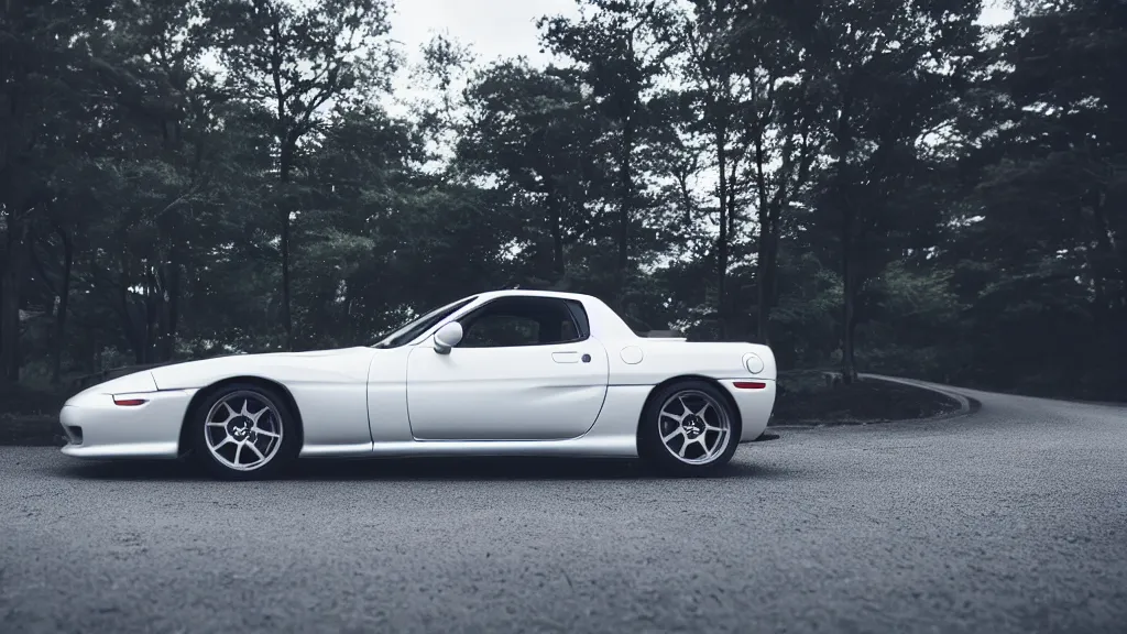 Image similar to mazda rx 7 mazda with pop up headlights, cinematic, long exposure, white balance, 8 k, led, lumen global illumination, fog, ray tracing reflections