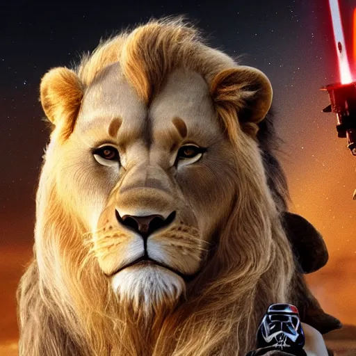 Image similar to a film still of alex the lion in star wars realistic, detailed
