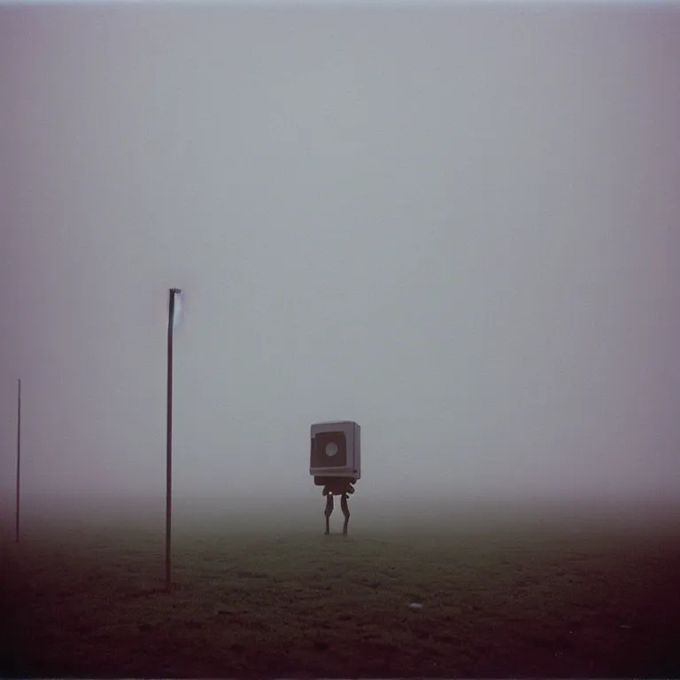 Image similar to a sole angular lanky liminal observer droid, in a brutalist yet rural landscape by simon stalenhag, 3 5 mm film photography, dawn, eerie fog