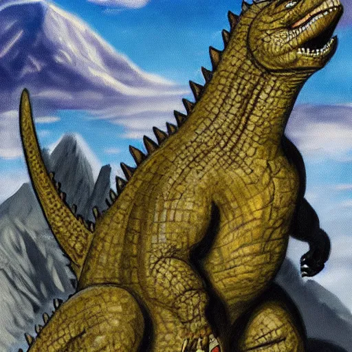 Image similar to paleoart painting of Godzilla in the style of Charles R. Knight