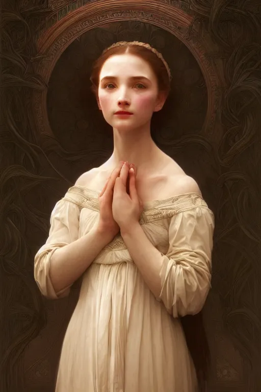 Image similar to Portrait of beautiful pale peasant girl, cinematic lighting, intricate, elegant, highly detailed, digital painting, artstation, smooth, sharp focus, illustration, art by artgerm and greg rutkowski and alphonse mucha and Wayne Barlowe and william-adolphe bouguereau