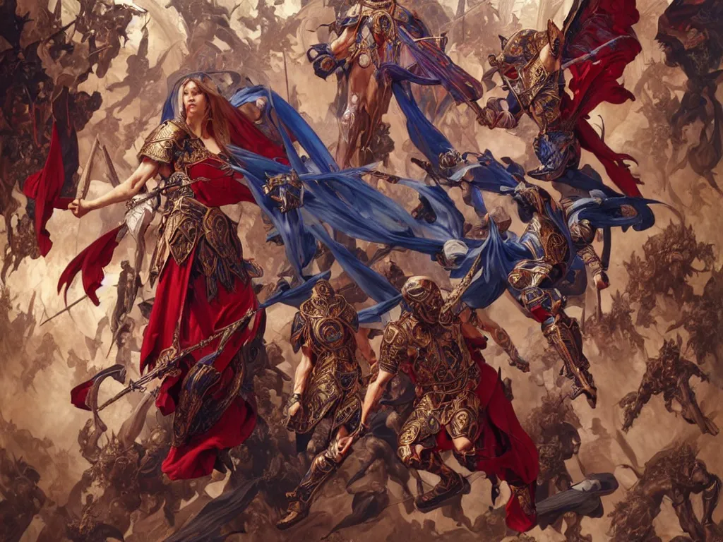 Image similar to epic battle between human warriors mages and demons, inside cathedrals and abbeys, fullbody!! dynamic action pose, religious, intricate, elegant, highly detailed, digital painting, artstation, concept art, smooth, sharp focus, red and blue color scheme, illustration, art by artgerm and greg rutkowski and alphonse mucha