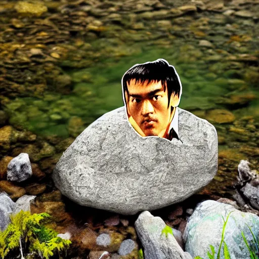 Prompt: Bruce Lee hidden in a rock in the middle of a mountain stream