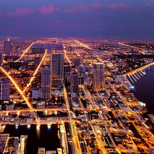 Image similar to Birds eye view of a tampa florida at night, beaches, rectangular city grid with narrow streets, tall brutalist architecture buildings, city lights spilling upwards above the top of the buildings,