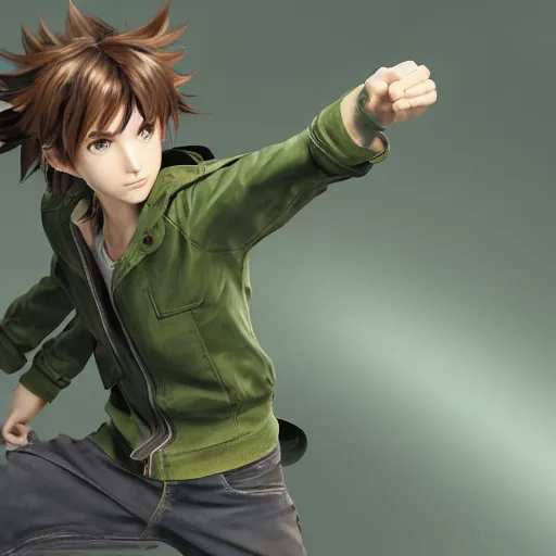 Image similar to a brown haired green eyes boy in a dynamic pose. character design. gesture drawing. line of action. official art, unreal engine 5, unreal engine. tetsuya nomura. medium shot. ray tracing hdr. 8 k. uhd. sharp focus. highly detailed. masterpiece. anime render. cinematic lighting. lifelike. symmetrical face. beautiful face