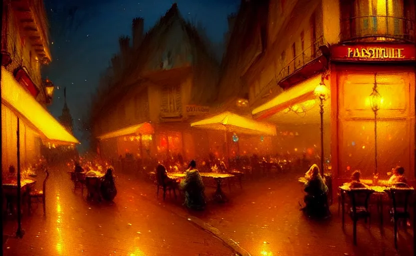 Image similar to parisian restaurant at night, by Greg Rutkowski and Gaston Bussiere, beautiful volumetric-lighting-style atmosphere, futuristic atmosphere, intricate, detailed, photorealistic imagery, artstation, by Evgeny Lushpin