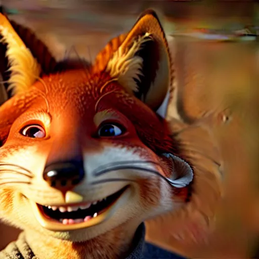 Image similar to weta disney pixar movie still macro close photo of smiling anthropomorphic fox holding on nose a bread with face : : by weta, greg rutkowski, wlop, ilya kuvshinov, rossdraws, artgerm, octane render, iridescent, bright morning, anime, liosh, mucha : :