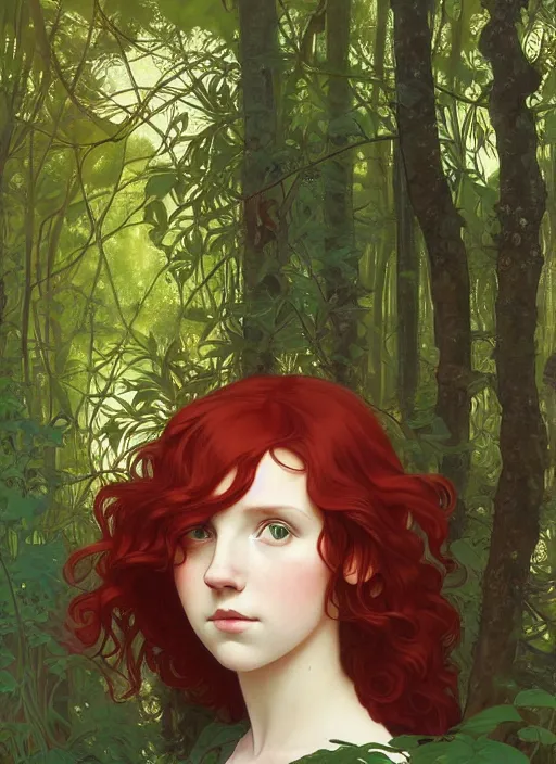 Image similar to pretty young woman resembling millie bobby brown with long red hair asleep in the forest, path traced, highly detailed, high quality, digital painting, by studio ghibli and alphonse mucha, leesha hannigan, hidari, art nouveau, chiho aoshima, jules bastien - lepage