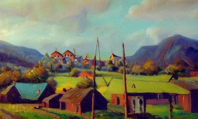 Image similar to beautiful landscape of Russian village, sunny and little cloudy, oil painting, high quality