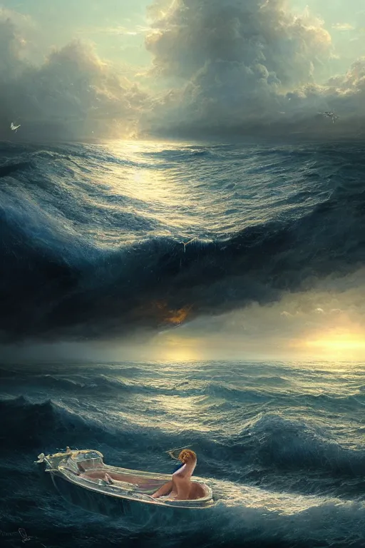 Image similar to breathtaking detailed soft painting of a drunken ship with mystical horrors and sun lichen, bathing in dreaming lactescent sea, alcohol with blue delirium skies, elegant, highly detailed, artstation, concept art, matte, sharp focus, art by tom bagshaw, and greg rutkowski