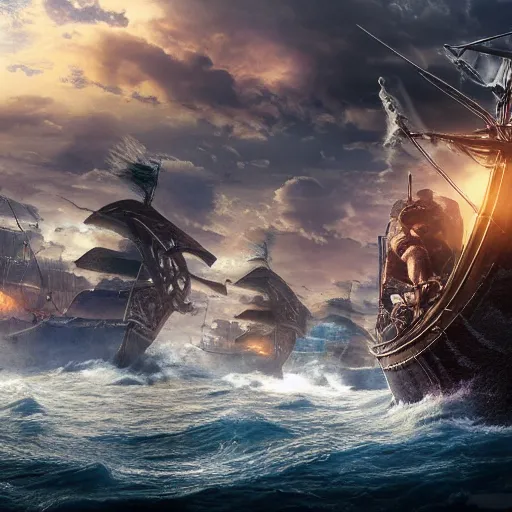 Image similar to An Epic viking sea battle, realistic 4k octane beautifully detailed render, 4k post-processing, highly detailed, intricate complexity, epic composition, magical atmosphere, cinematic lighting, masterpiece, ultra hd