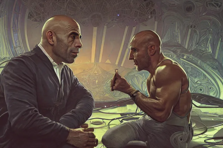 Image similar to joe rogan interviewing an alien, octane render, by greg rutkowski, alphonse mucha, artgerm