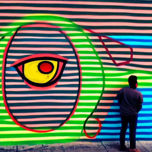 Prompt: wall with graffiti of man with one eye made with colored circles and lines