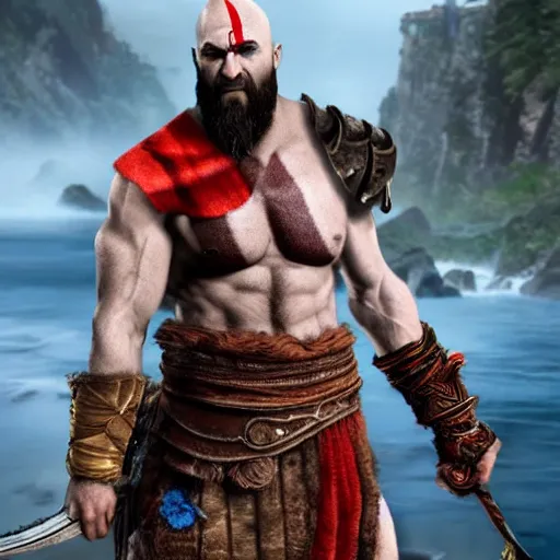 Image similar to Kratos from God of War 4 , 8k hyper-realistic