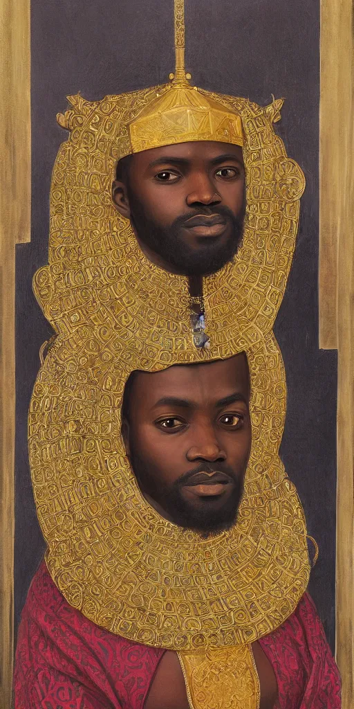 Image similar to a stunning and noble highly detailed romantic period style portrait of Mansa Musa by Josep Tapiró Baró, trending on artstation, oil painting masterpiece, symmetry, fractals, African iconography