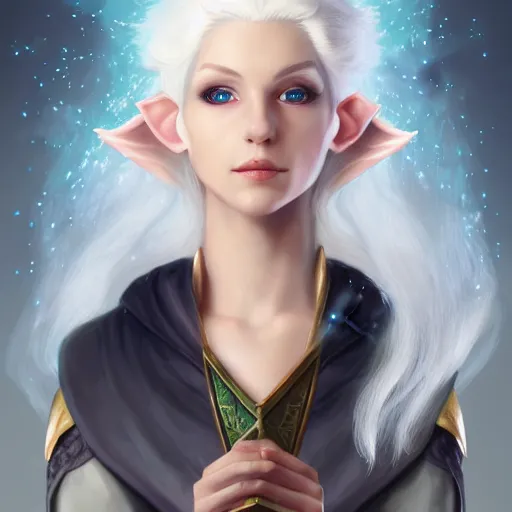 Image similar to Beautiful white haired aged fair skinned scholar elf with spell scroll and lightning background, realism, digital painting, detailed artwork, portrait, mythical, artstation