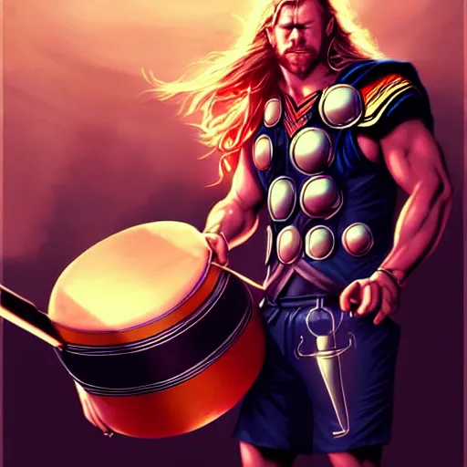 Image similar to thor playing the bongos, comic style by guweiz and stanley artgerm, extremely high quality artwork, very detailed, trending on artstation