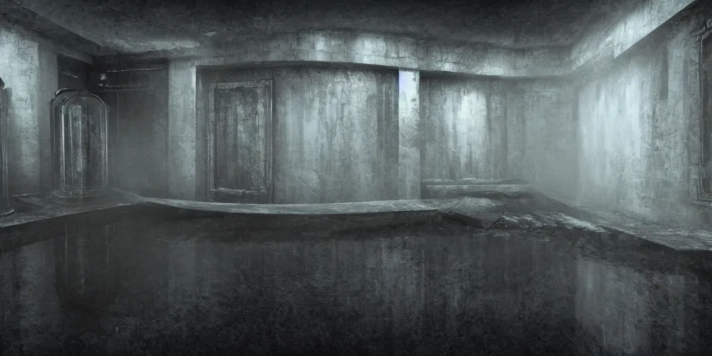 Prompt: echo chamber room, dark art fantasy, 3d render, super detailed, puddle of water, barrels, foggy