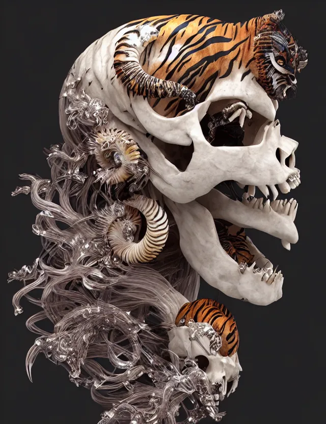 Image similar to 3 d goddess tiger skull half - turn portrait with long hair with ram skull. beautiful intricately detailed japanese crow kitsune mask and clasical japanese kimono. betta fish, jellyfish phoenix, bio luminescent, plasma, ice, water, wind, creature, artwork by tooth wu and wlop and beeple and greg rutkowski