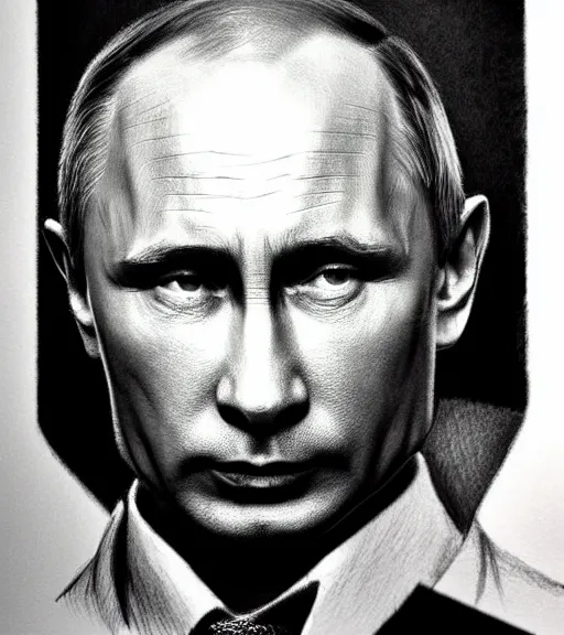 Image similar to vladimir putin, beautiful piercing eyes, realistic face, black and white drawing, in the style of greg rutkowski, fantasy, amazing detail, epic, intricate, elegant, smooth, sharp focus