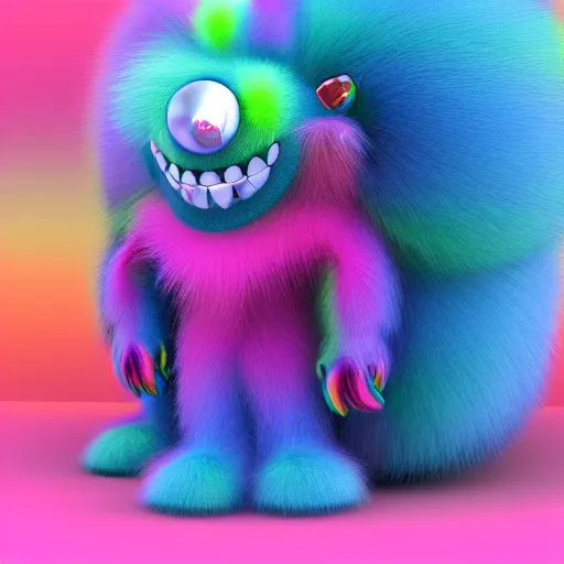 Prompt: fur rainbow monster, 3d, rendering