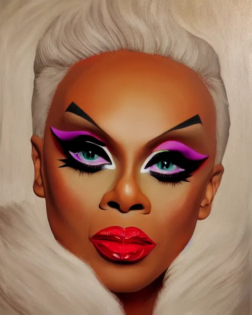 Image similar to cel shaeded pop of of drag queen rupaul, portrait,, perfect lighting, famous painting