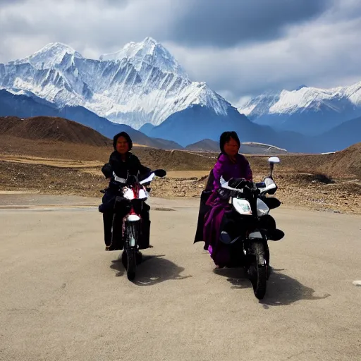 Image similar to Two japanese women riding motorbikes through the Himalayas