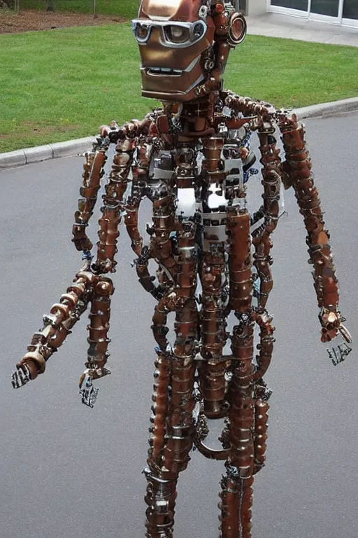 Prompt: an ironman full body sculpture made out of nut, bolts, screws, pipes, gears, and other spare parts