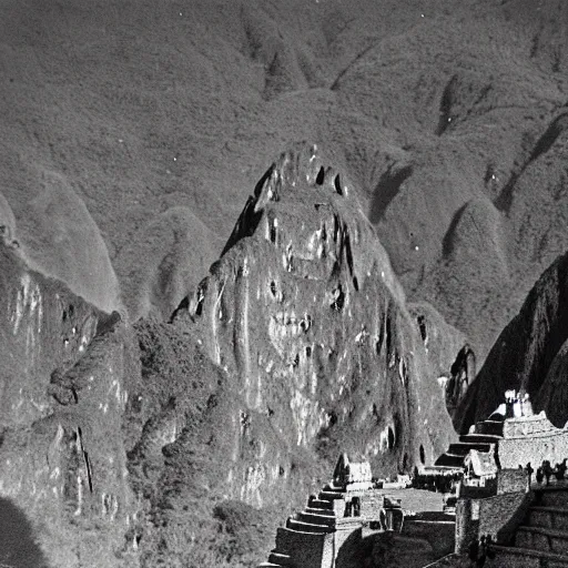 Image similar to ufo landing in machu picchu, photo 1 9 5 0,