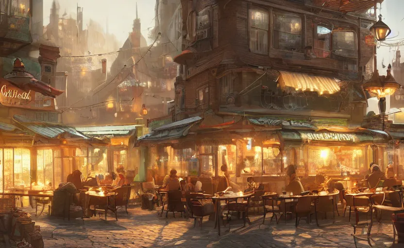 Prompt: a cozy relaxed cafe, looking out at the bustling underbelly of a thriving steampunk city by james paick, trending on cgsociety, unreal engine, 4 k wallpaper