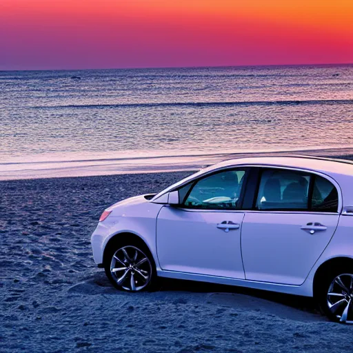 Prompt: a car chilling on the beach, sunset