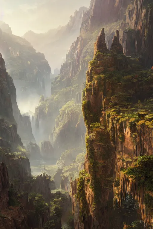 Prompt: the lost valley, landscape, alex ross, eddie mendoza, raphael lacoste, sebastian ludke, concept art, matte painting, highly detailed, rule of thirds, dynamic lighting, cinematic, detailed, magnificiant landscape, denoised, centerd