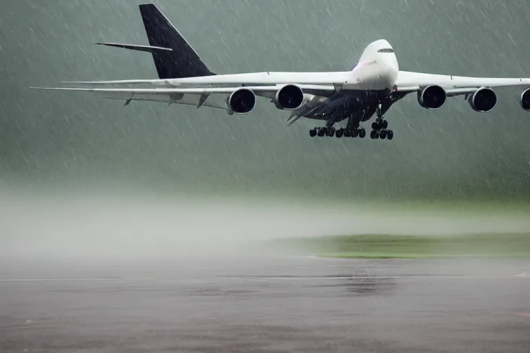 Image similar to a boeing 7 4 7 landing on a runway in heavy rain and wind, photo from a spectator, 8 k, natural lighting