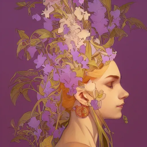 Prompt: smooth organic pattern, lavender, light purple, white, orange and gold, artstation, concept art, smooth, sharp focus, illustration, art by artgerm and greg rutkowski and alphonse mucha and maya takamura and Hitomi Isono