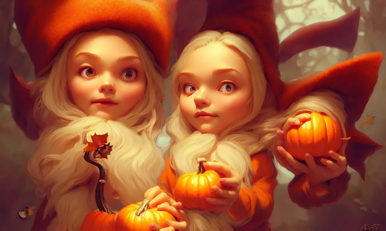 Image similar to hand drawn cute one gnomes face in autumn and pumpkin, detailed closeup face, concept art, low angle, high detail, warm lighting, volumetric, godrays, vivid, beautiful, trending on artstation, art by artgerm and greg rutkowski and alphonse mucha