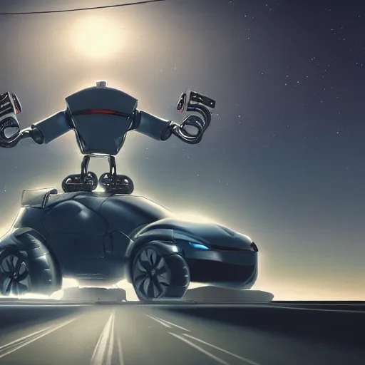 Image similar to Giant half robotic head of David Copperfield, dark hair, heavy eyebrows, on the top of a robotic car with wheels running on a californian highway, rays of light, particles light, kuvshinov ilya, unreal engine